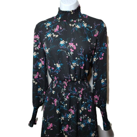 Nanette Lepore Floral Midi Dress | Size 4 | Black Hi-Low Hem | Smocked Waist/Cuf - Picture 8 of 10